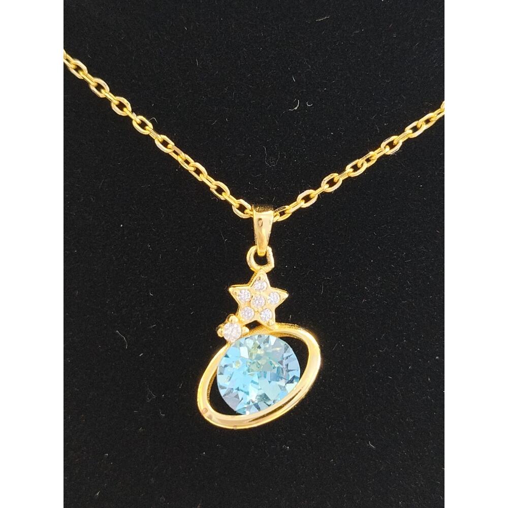 Galaxy Blue Quartz Planet Charm Necklace Space Theme Gold Plated 925 Silver 16"